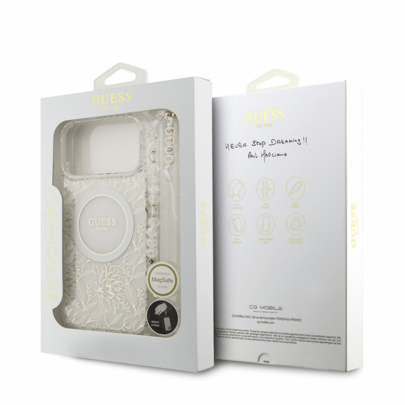 Guess IML Flowers Allover Strap MagSafe Case for iPhone 18 Pro Max White