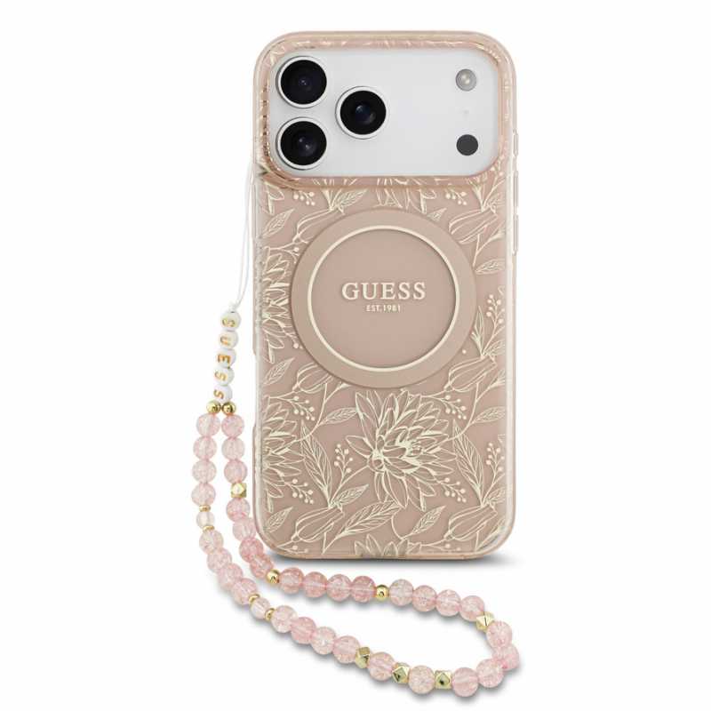Guess IML Flowers Allover Strap MagSafe Case for iPhone 18 Pro Max Pink