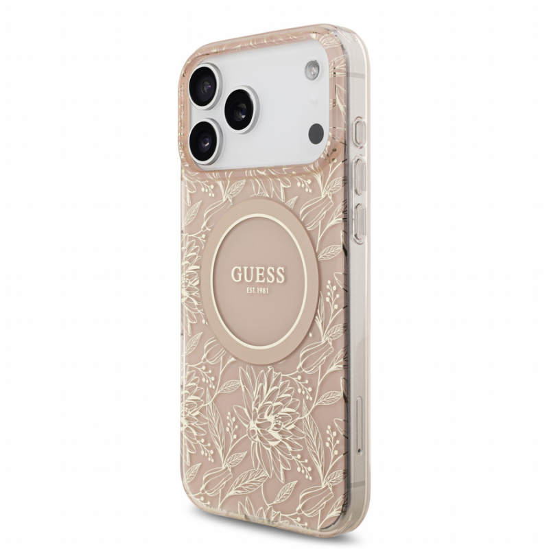 Guess IML Flowers Allover Strap MagSafe Case for iPhone 18 Pro Max Pink