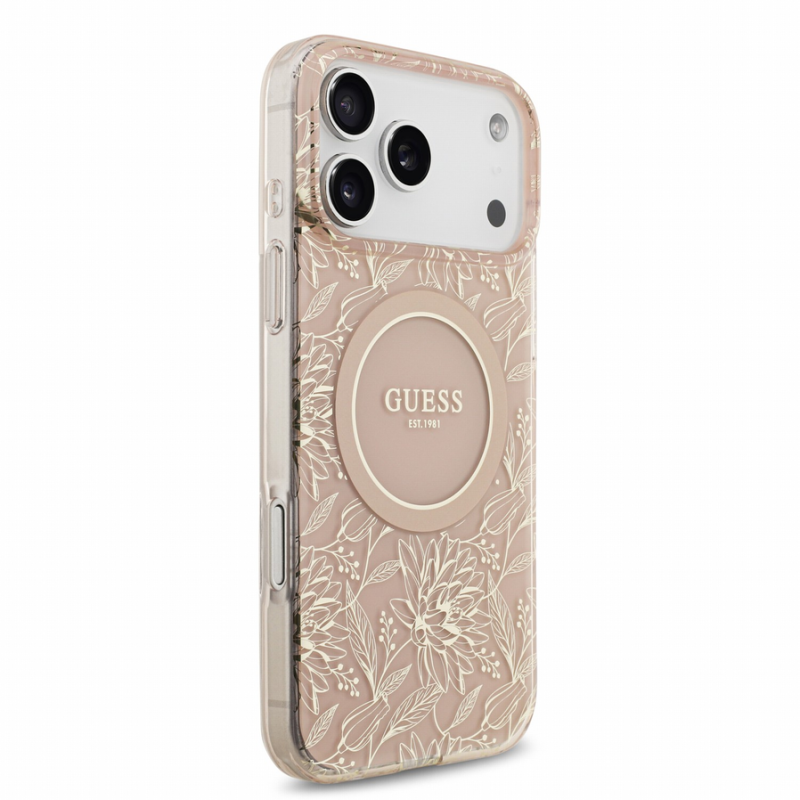 Guess IML Flowers Allover Strap MagSafe Case for iPhone 18 Pro Max Pink