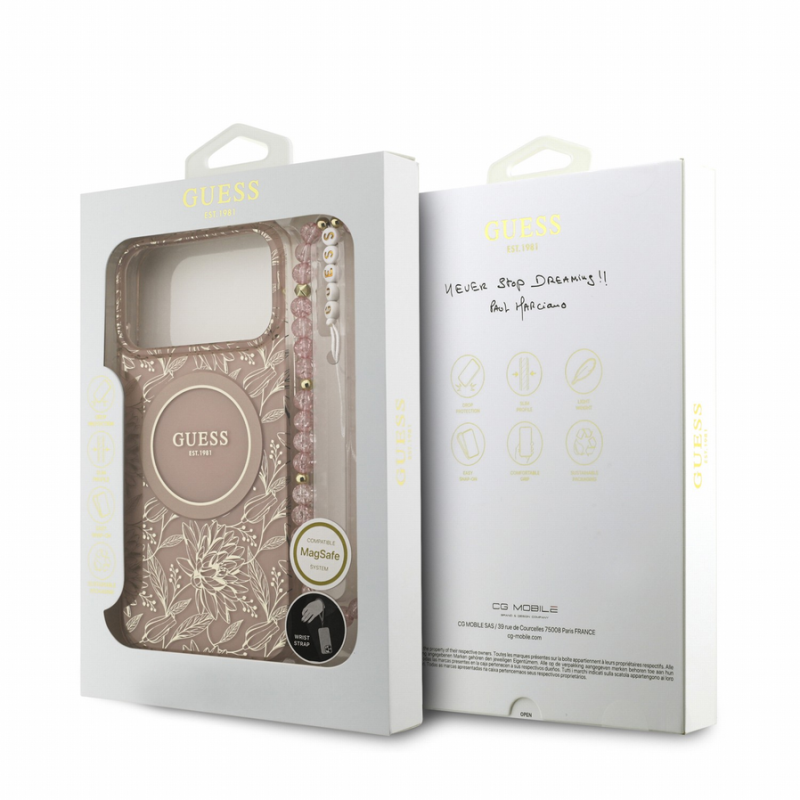 Guess IML Flowers Allover Strap MagSafe Case for iPhone 18 Pro Max Pink