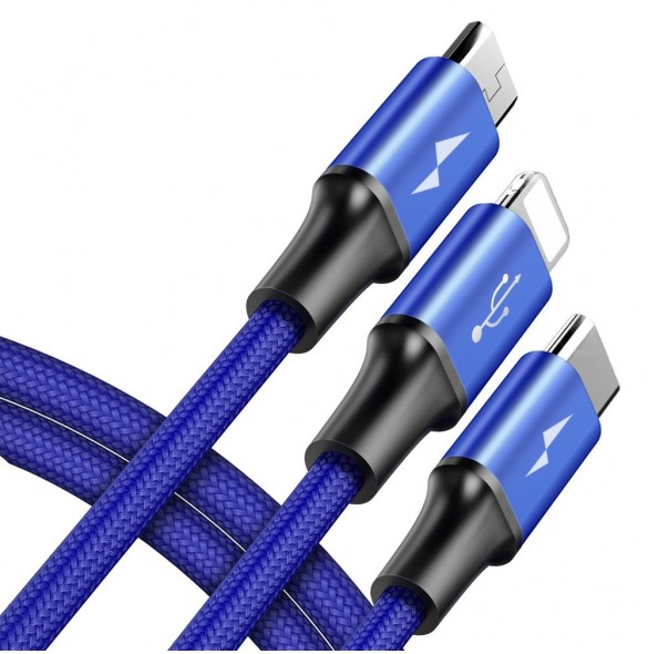 USB-laddningskabel med 3 olika kontakter: USB-C / micro USB / Lightning.
