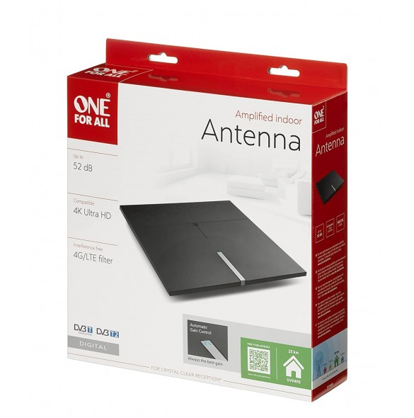 One For All SV 9490 Antenna HD indoor 52 dB, DVB-T,DVB-T2, DAB, DAB+,UHF, VHF, 25000m - Svart