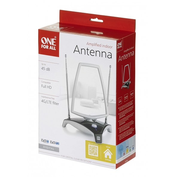One For All SV 9360 HDTV Indoor Digital Antenna - Suitable for DVB-T & DVB-T2 - Full HD Ready - Vit / Svart