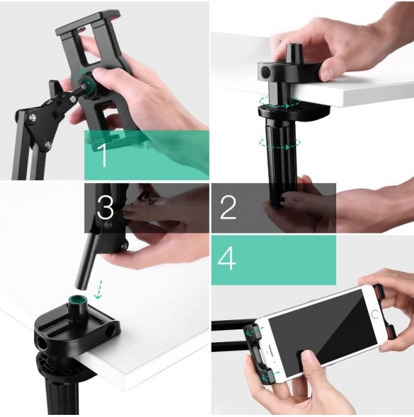 UGREEN telefontabletthållare, 360 justerbar Lazy Holder Mount Clamp med robust aluminiumlegeringsarm.