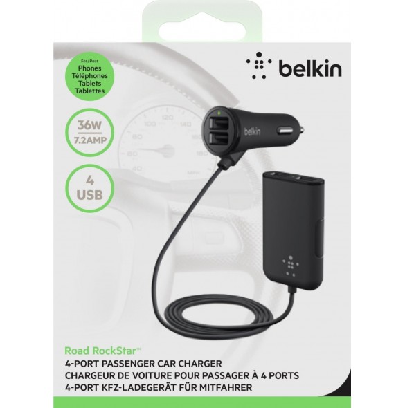 Belkin Road Rockstar 4 Port Car Charger 7.2A 1.8M - Svart