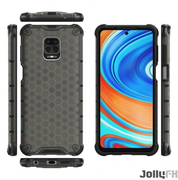 JollyFX Honeycomb Case pansarskydd med TPU-stötfångare för Xiaomi Redmi Note 9 Pro / Redmi Note 9S - Svart