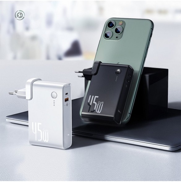 Baseus GaN powerbank 10000mAh snabbväggsladdare PPS 45W 2x USB / Typ C Quick Charge 3.0 + USB Type C 1m kabel - Svart