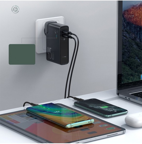 Baseus GaN powerbank 10000mAh snabbväggsladdare PPS 45W 2x USB / Typ C Quick Charge 3.0 + USB Type C 1m kabel - Svart