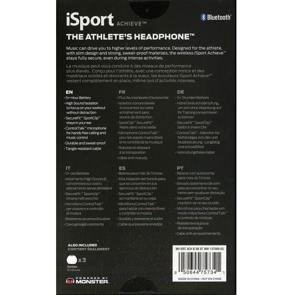 Monster iSport Achieve In-Ear Bluetooth Wireless Headphones - Svart(137089-00)