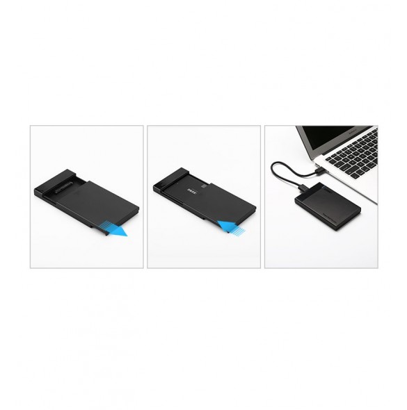 Anslutningen mellan fickan och datorn (bärbar dator) utförs med en USB 3.0-kabel som fixeras med hårddiskfickan.