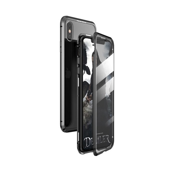 JollyFX Full Magnetisk Fodral Full Body Front och Back Cover + härdat glas för iPhone XR - Svart-transparent