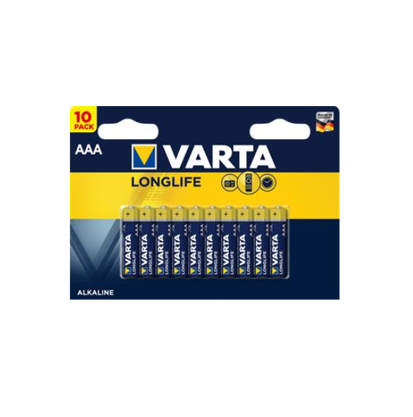 Varta Longlife Extra AAA alkaliskt batteripaket för enheter med konstant låg energiförbrukning.