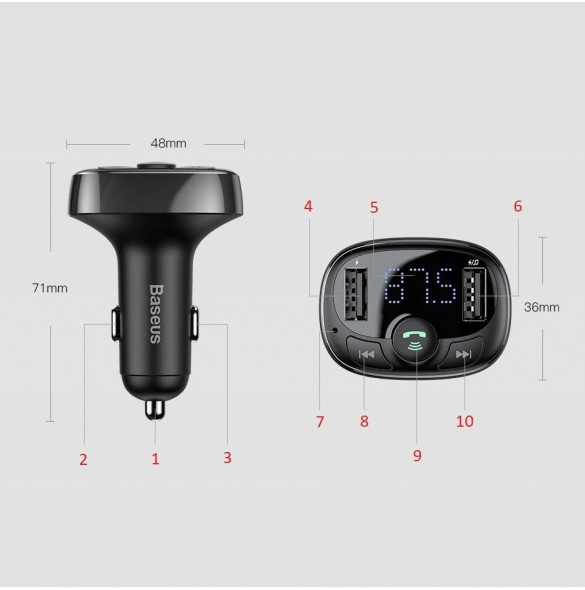 Baseus T-Typed FM Transmitter Bluetooth car charger MP3 2x USB TF microSD 3.4A - Svart (CCTM-01)