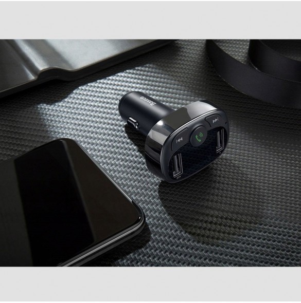 Baseus T-Typed FM Transmitter Bluetooth car charger MP3 2x USB TF microSD 3.4A - Svart (CCTM-01)