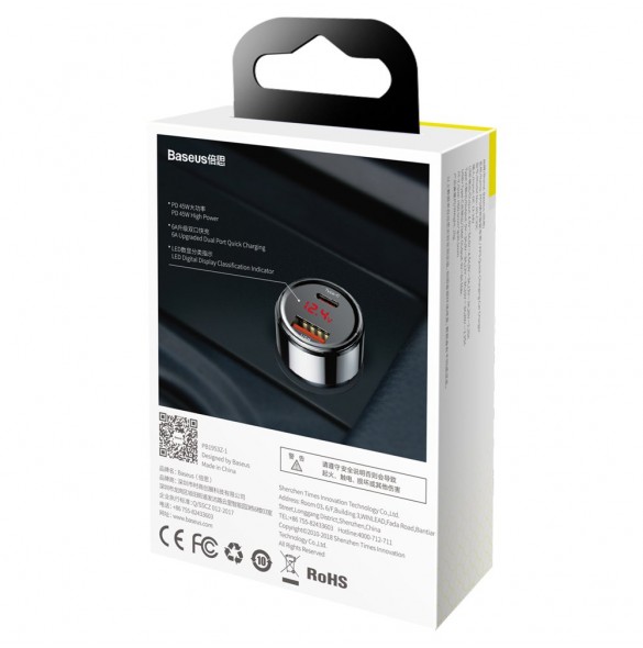Baseus Magic Series PPS Car Charger with digital display USB Quick Charge 3.0 / USB Type C PD QC4+ 45W 6A - Svart